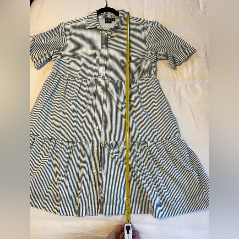 GAP Short Sleeved Button Tiered Mini Olive Green Striped Shirt Dress Size Small - Picture 5 of 10